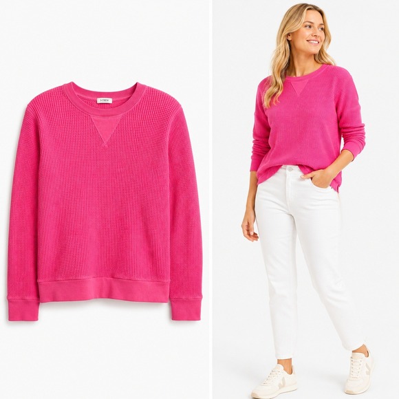 J.Crew Tops - J.Crew Womens M Hot Pink Waffle‎ Knit Cotton Crewneck Sweatshirt Pullover Casual